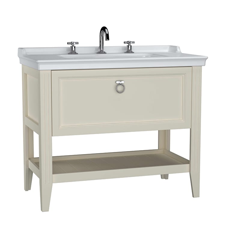 62194_d951c5d968cc2ff6266775021e01f48798de44f4-1.jpg VitrA Valarte Lavabo Dolabı, 100 cm, Bir Çekmeceli, Etajerli Lavabolu, Üç Armatür Delikli, Mat Fildişi - Görsel 1