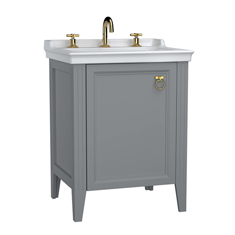 62263_385ce59fe3cea504626a36bb3b20676ff33bc319-1.jpg VitrA Valarte Lavabo Dolabı, 65 cm, Bir Kapaklı, Etajerli Lavabolu, Üç Armatür Delikli, Mat Gri, Sağ - Görsel 1