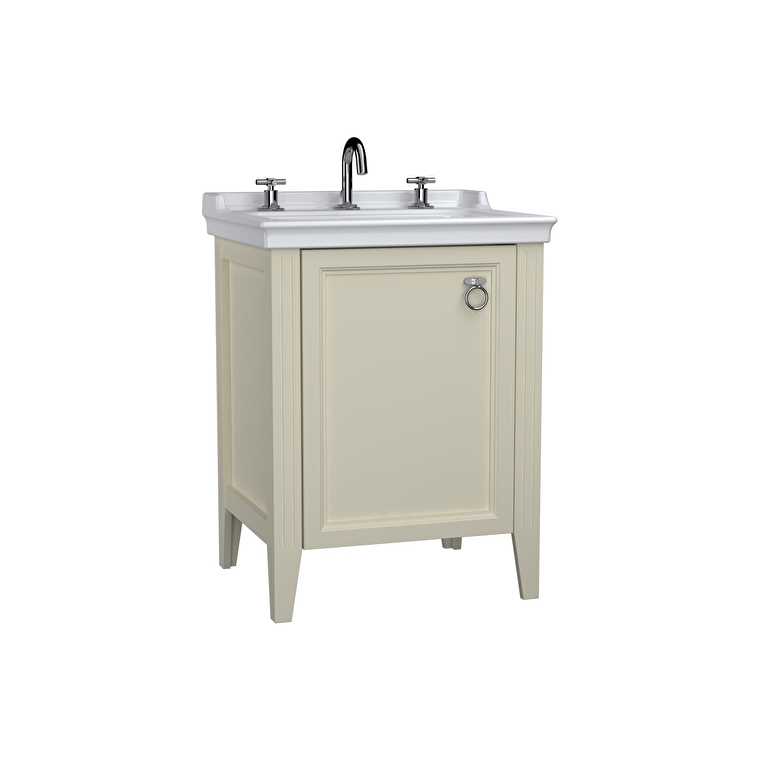 62264_485c080e97b7e674e941ecf3e1b77e4143c7f536-1.jpg VitrA Valarte Lavabo Dolabı, 65 cm, Bir Kapaklı, Etajerli Lavabolu, Üç Armatür Delikli, Mat Fildişi, Sağ - Görsel 1