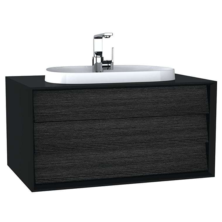 62287_a6f2597c2fb5b75caac0c7c170a445ba78725922-1.jpg VitrA Frame Lavabo Dolabı, 80 cm, Bir Çekmeceli, Tezgahüstü Tv-Shape Lavabolu, Armatür Delikli, Mat Soft Siyah & Hareli Siyah Meşe - Görsel 1