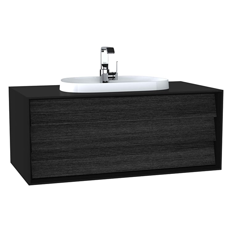 62290_2024f3be06fd1c0b3879a4e3c9c909e604ed32bf-1.jpg VitrA Frame Lavabo Dolabı, 100 cm, Bir Çekmeceli, Tezgahüstü Tv-Shape Lavabolu, Armatür Delikli, Mat Soft Siyah & Hareli Siyah Meşe - Görsel 1