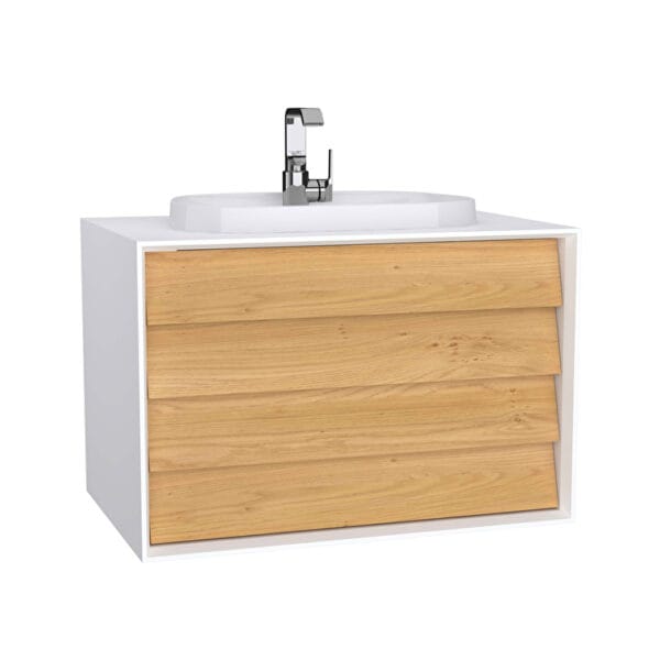 VitrA Frame Lavabo Dolabı, 80 cm, İki Çekmeceli, Tezgahüstü Tv-Shape Lavabolu, Armatür Delikli, Mat Soft Beyaz & Dore Meşe
