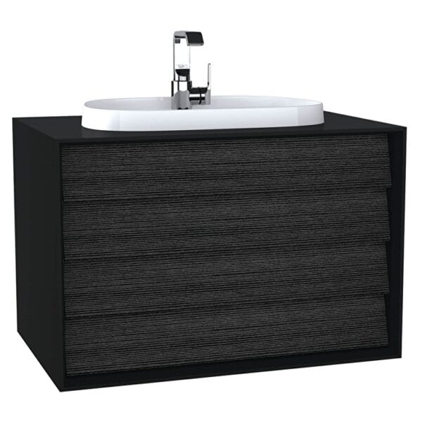 VitrA Frame Lavabo Dolabı, 80 cm, İki Çekmeceli, Tezgahüstü Tv-Shape Lavabolu, Armatür Delikli, Mat Soft Siyah & Hareli Siyah Meşe