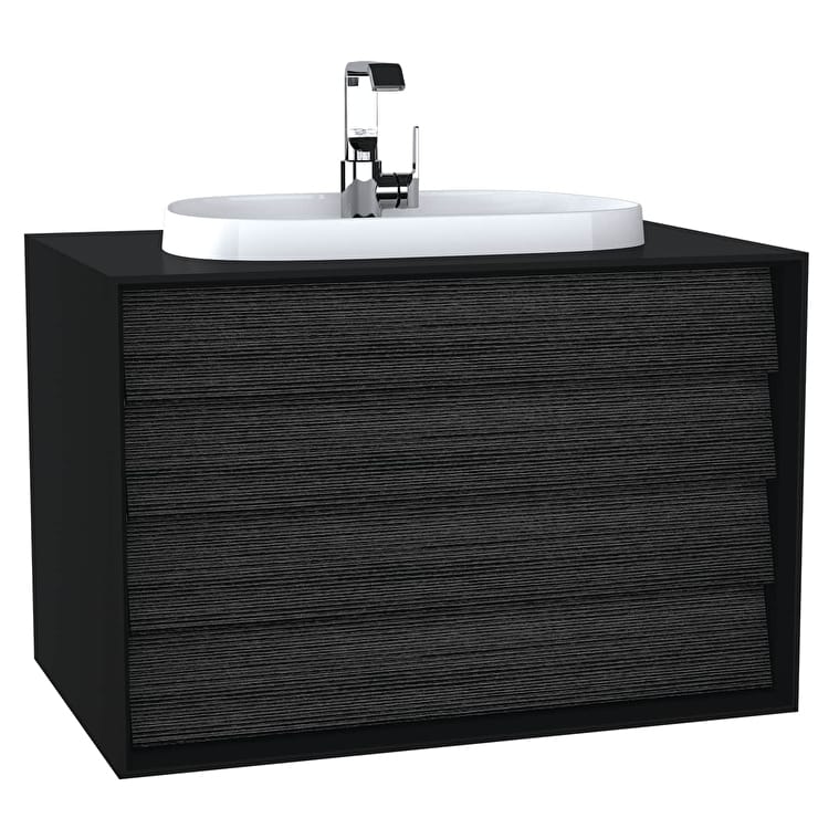 62296_894329a0b45cd20a68825e69e0829e720525fd5e-1.jpg VitrA Frame Lavabo Dolabı, 80 cm, İki Çekmeceli, Tezgahüstü Tv-Shape Lavabolu, Armatür Delikli, Mat Soft Siyah & Hareli Siyah Meşe - Görsel 1