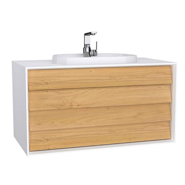 VitrA Frame Lavabo Dolabı, 100 cm, İki Çekmeceli, Tezgahüstü Tv-Shape Lavabolu, Armatür Delikli, Mat Soft Beyaz & Dore Meşe