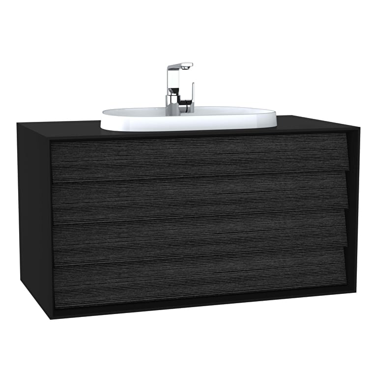 62299_7368617c8e642dc075f8a1b0187b7fa9db45a1aa-1.jpg VitrA Frame Lavabo Dolabı, 100 cm, İki Çekmeceli, Tezgahüstü Tv-Shape Lavabolu, Armatür Delikli, Mat Soft Siyah & Hareli Siyah Meşe - Görsel 1