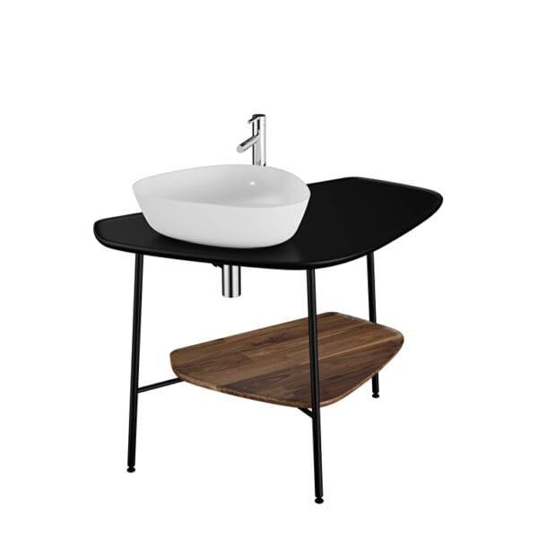 VitrA Plural Tezgah Ünitesi, 100 cm, Raflı, Sol Armatür Delikli, Mat Siyah Seramik Tezgah, Koyu Meşe, Lavabosuz