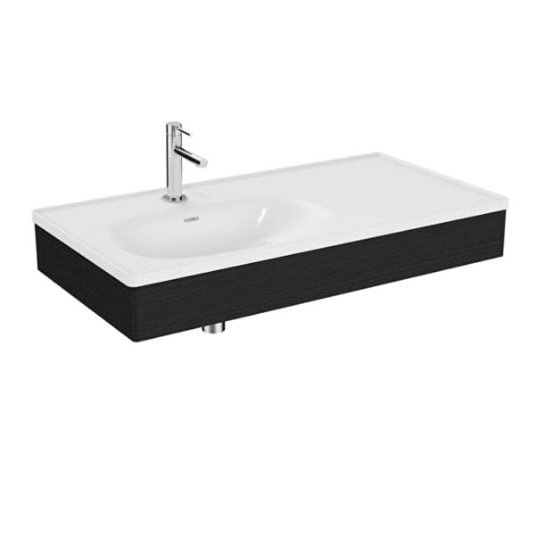VitrA Equal Lavabo Ünitesi, 100 cm, Asimetrik Beyaz Lavabolu, Hareli Siyah Meşe