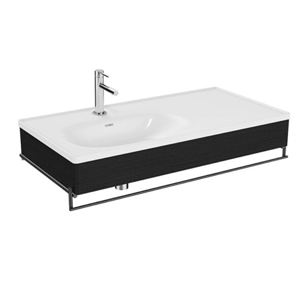 VitrA Equal Lavabo Ünitesi, 100 cm, Asimetrik Beyaz Lavabolu, Havluluklu, Hareli Siyah Meşe
