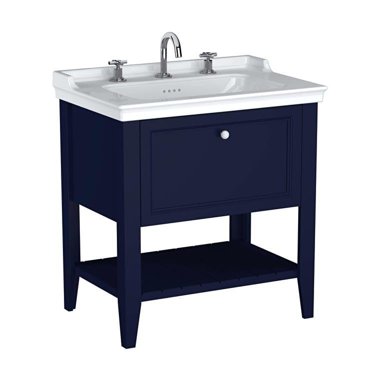 65779_4e12b2fbf6a15e3828a6a8476b9dba6e5ae569ba-1.jpg VitrA Valarte Neo Lavabo Dolabı, 80 cm, Bir Çekmeceli, Etajerli Lavabolu, Üç Armatür Delikli, Çelik Mavisi - Görsel 1