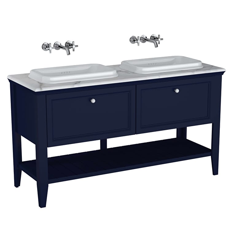 65786_2c9de88e30ccc4ef2d607b2f80fc3dcbc04dff8b-1.jpg VitrA Valarte Neo Lavabo Dolabı, 150 cm, İki Çekmeceli, Tezgahüstü Lavabolu, Mermer Tezgahlı, Çelik Mavisi - Görsel 1