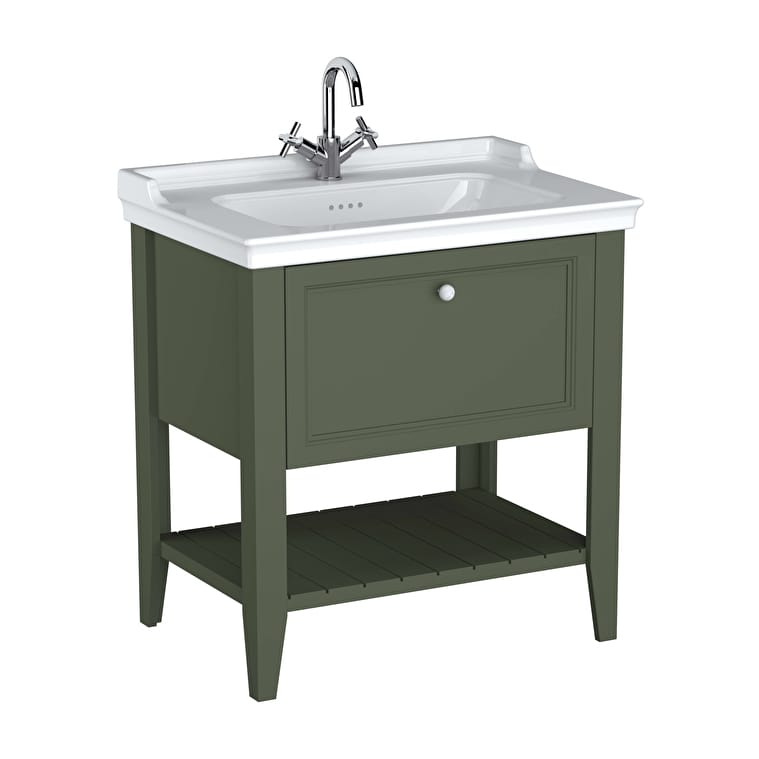 65815_9bee9fc909af80bb3f499e50f4c15ce9ab59741f-1.jpg VitrA Valarte Neo Lavabo Dolabı, 80 cm, Bir Çekmeceli, Etajerli Lavabolu, Retro Yeşil - Görsel 1