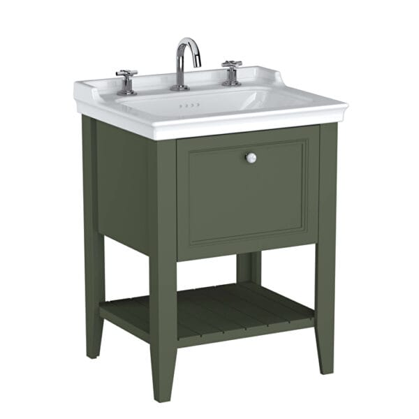 VitrA Valarte Neo Lavabo Dolabı, 65 cm, Bir Çekmeceli, Etajerli Lavabolu, Üç Armatür Delikli, Retro Yeşil