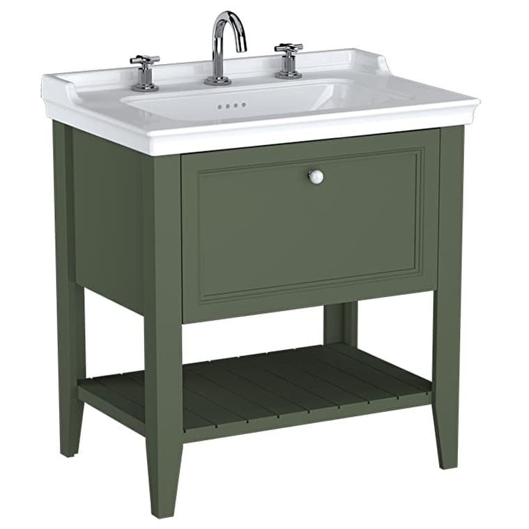 65818_26c5c80200ac477d36dfe7968dd5071e89d91d5c-1.jpg VitrA Valarte Neo Lavabo Dolabı, 80 cm, Bir Çekmeceli, Etajerli Lavabolu, Üç Armatür Delikli, Retro Yeşil - Görsel 1