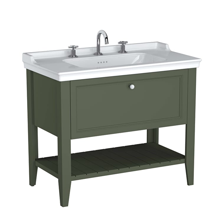 65819_041231ae437ba46a82368ede890fa8adf31f0573-1.jpg VitrA Valarte Neo Lavabo Dolabı, 100 cm, Bir Çekmeceli, Etajerli Lavabolu, Üç Armatür Delikli, Retro Yeşil - Görsel 1