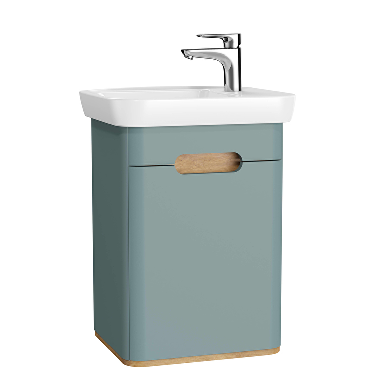 65869_9fa8b849fc320045cf49d1e6abb4043d04c4183d-1.jpg VitrA Sento Lavabo Dolabı, 50 cm, Bir Kapaklı, Dar, Aydınlatmalı, Mat Fiyord Yeşili, Sol - Görsel 1