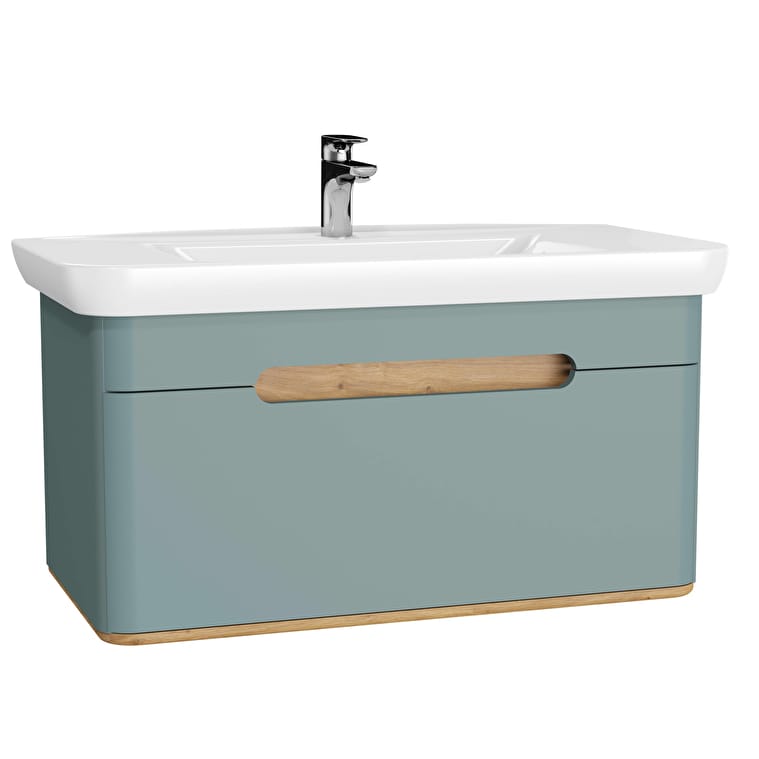 65875_8e5cb5a5230c1f10ed8047f6818279a659d17a4b-1.jpg VitrA Sento Lavabo Dolabı, 100 cm, Bir Çekmeceli, Aydınlatmalı, Mat Fiyord Yeşili - Görsel 1