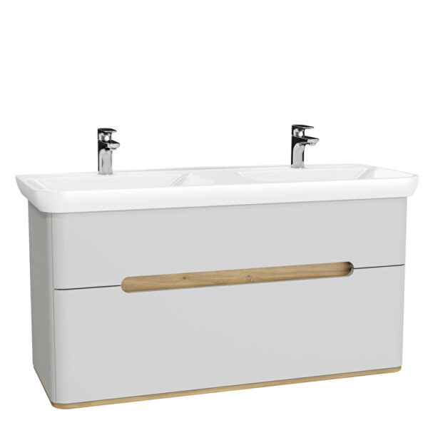 VitrA Sento Lavabo Dolabı, 130 cm, İki Çekmeceli, Çift Hazneli Lavabolu, Aydınlatmalı, Mat Açık Gri