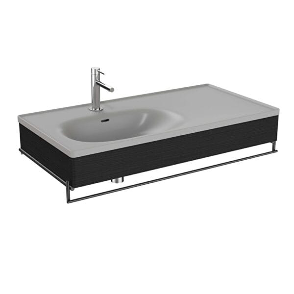 VitrA Equal Lavabo Ünitesi, 100 cm, Asimetrik Gri Lavabolu, Havluluklu, Hareli Siyah Meşe