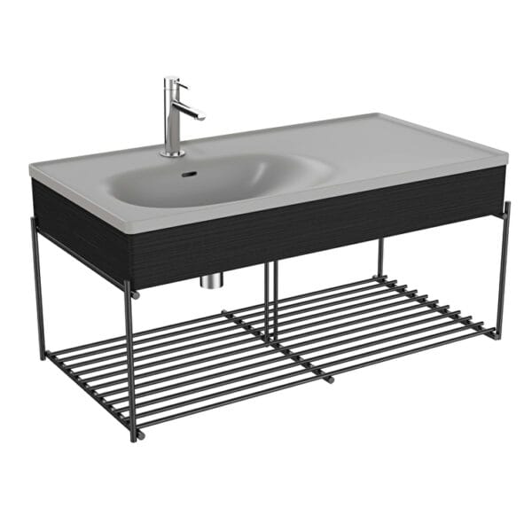 VitrA Equal Lavabo Ünitesi, 100 cm, Raflı, Asimetrik Gri Lavabolu, Hareli Siyah Meşe
