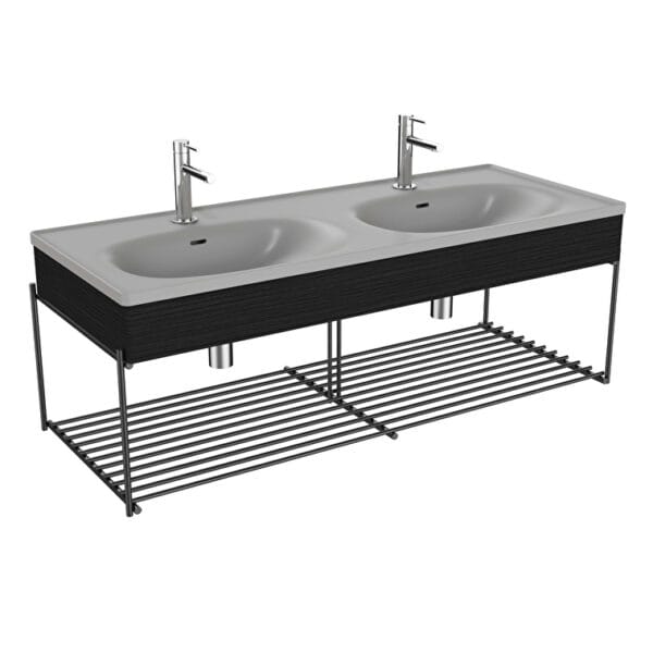 VitrA Equal Lavabo Ünitesi, 130 cm, Raflı, Çift Hazneli Gri Lavabolu, Hareli Siyah Meşe