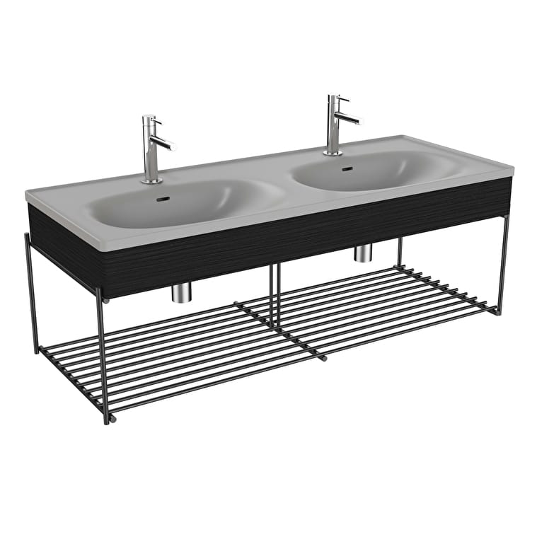 66066_b00eacc1447d61a556e1df90d6fe89f8795dcf67-1.jpg VitrA Equal Lavabo Ünitesi, 130 cm, Raflı, Çift Hazneli Gri Lavabolu, Hareli Siyah Meşe - Görsel 1