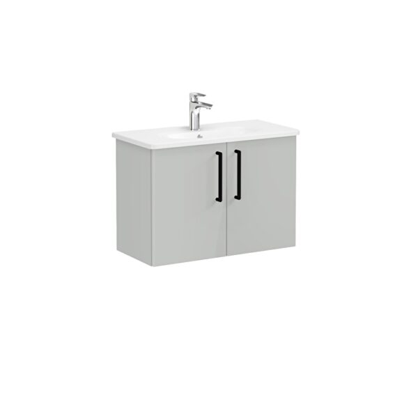 VitrA Root Flat Lavabo Dolabı, 80 cm, İki Kapaklı, Dar, Yuvarlak Lavabo, Parlak İnci Grisi