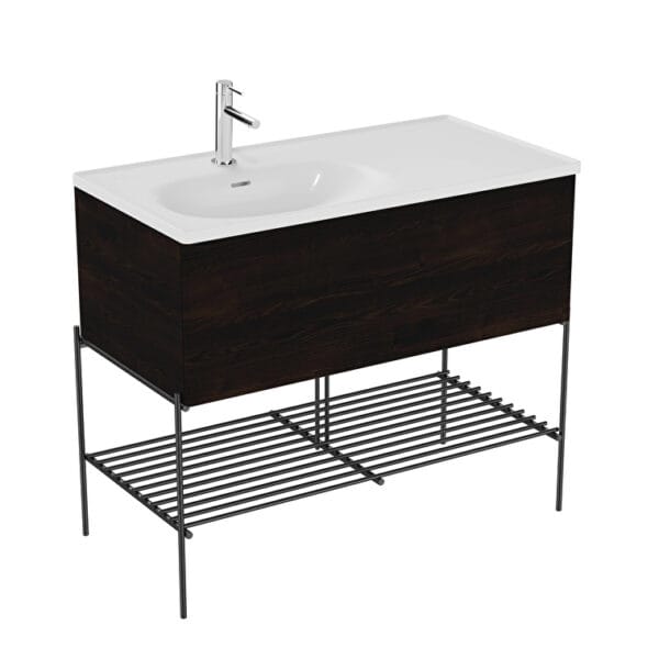 VitrA Equal Lavabo Dolabı, 100 cm, Bir Çekmeceli, Asimetrik Beyaz Lavabolu, Metal Ayaklı, Karaağaç