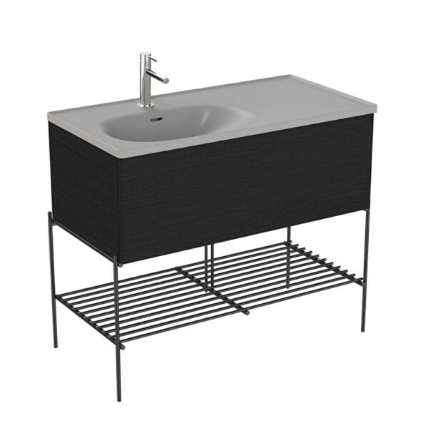 VitrA Equal Lavabo Dolabı, 100 cm, Bir Çekmeceli, Asimetrik Gri Lavabolu, Metal Ayaklı, Hareli Siyah Meşe