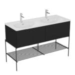 VitrA Equal Lavabo Dolabı, 130 cm, İki Çekmeceli, Çift Hazneli Beyaz Lavabolu, Metal Ayaklı, Hareli Siyah Meşe