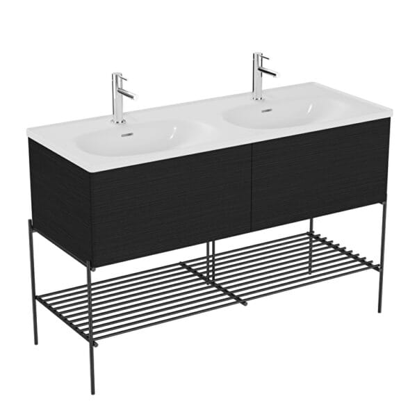 VitrA Equal Lavabo Dolabı, 130 cm, İki Çekmeceli, Çift Hazneli Beyaz Lavabolu, Metal Ayaklı, Hareli Siyah Meşe