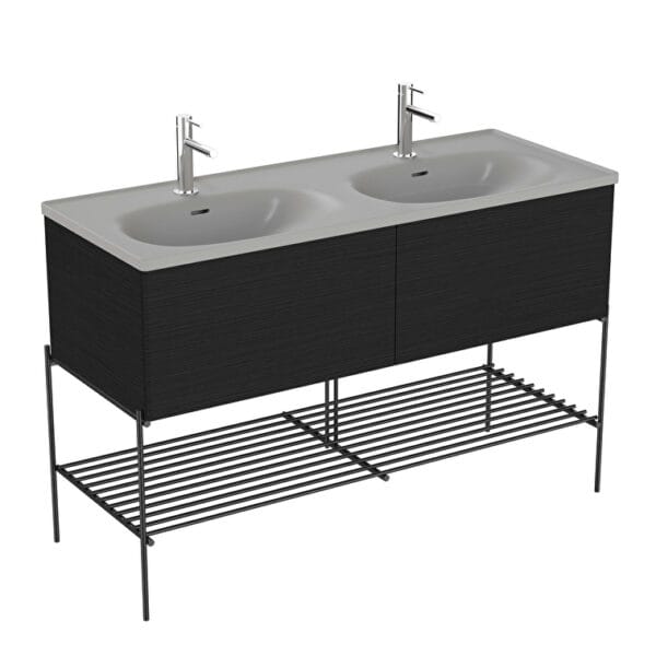 VitrA Equal Lavabo Dolabı, 130 cm, İki Çekmeceli, Çift Hazneli Gri Lavabolu, Metal Ayaklı, Hareli Siyah Meşe