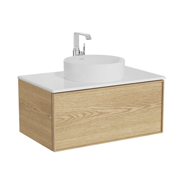 VitrA Metropole Edge Lavabo Dolabı, 80 cm, Bir Çekmeceli, Beyaz Çanak Lavabo Ve Seramik Tezgahlı, Açık Meşe