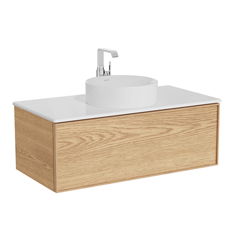 67140_d4216e3e63573d128e451898e84ca7cf079eba9d-1.jpg VitrA Metropole Edge Lavabo Dolabı, 100 cm, Bir Çekmeceli, Beyaz Çanak Lavabo Ve Seramik Tezgahlı, Açık Meşe - Görsel 1