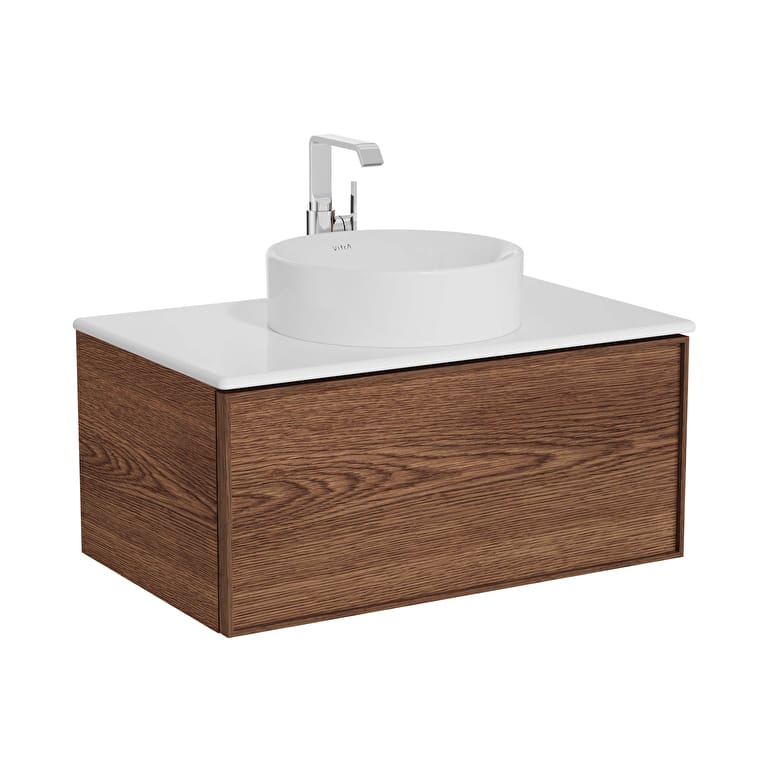 67158_81451e6de8d944a0b04f9d3e1300f8b4853c8c56-1.jpg VitrA Metropole Edge Lavabo Dolabı, 80 cm, Bir Çekmeceli, Beyaz Çanak Lavabo Ve Seramik Tezgahlı, Ceviz - Görsel 1