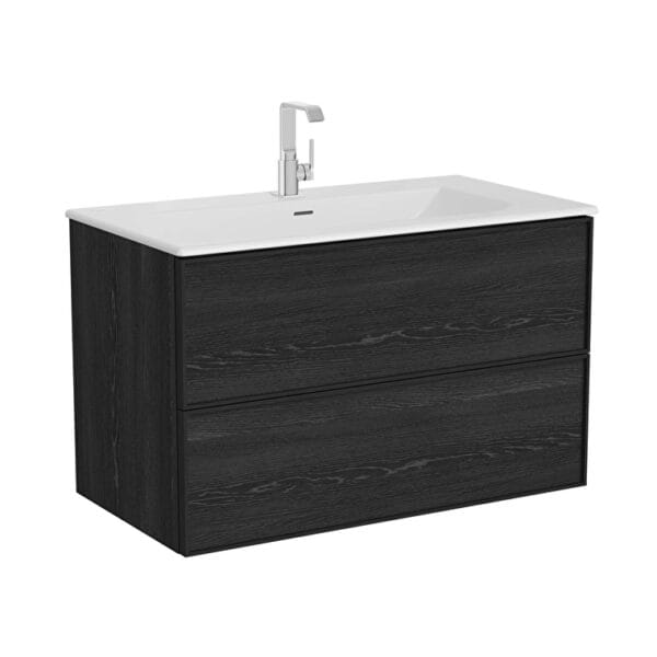 VitrA Metropole Edge Lavabo Dolabı, 100 cm, İki Çekmeceli, Etajerli Lavabolu, Siyah Meşe