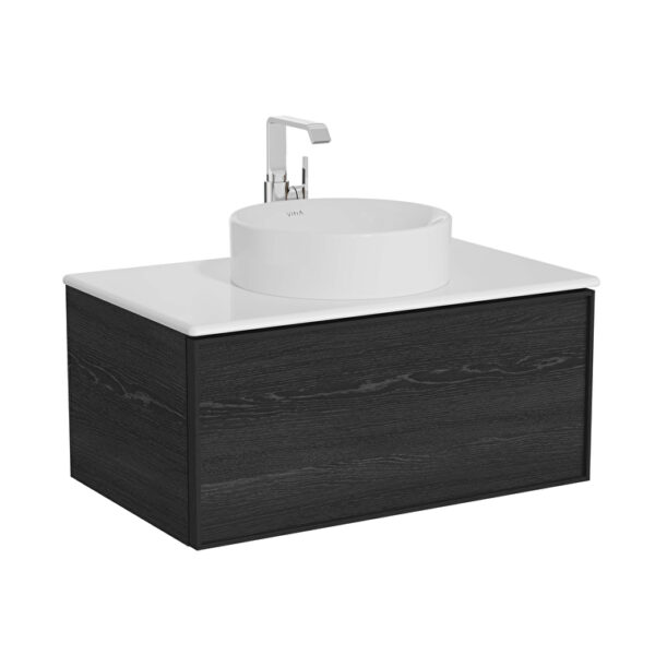 VitrA Metropole Edge Lavabo Dolabı, 80 cm, Bir Çekmeceli, Beyaz Çanak Lavabo Ve Seramik Tezgahlı, Siyah Meşe