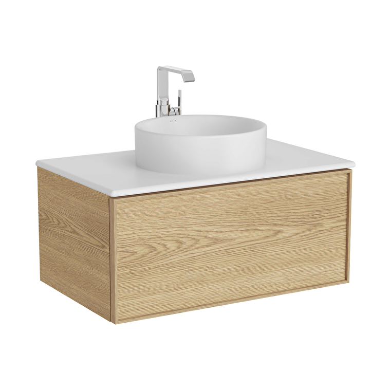 67345-1.jpg VitrA Metropole Edge Lavabo Dolabı, 80 cm, Bir Çekmeceli, Mat Beyaz Çanak Lavabo Ve Seramik Tezgahlı, Açık Meşe - Görsel 1