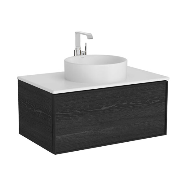 VitrA Metropole Edge Lavabo Dolabı, 80 cm, Bir Çekmeceli, Mat Beyaz Çanak Lavabo Ve Seramik Tezgahlı, Siyah Meşe
