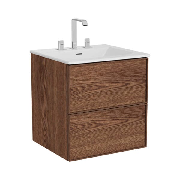 VitrA Metropole Edge Lavabo Dolabı, 60 cm, İki Çekmeceli, Etajerli Lavabolu, Üç Armatür Delikli, Ceviz
