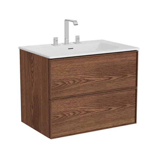 VitrA Metropole Edge Lavabo Dolabı, 80 cm, İki Çekmeceli, Etajerli Lavabolu, Üç Armatür Delikli, Ceviz