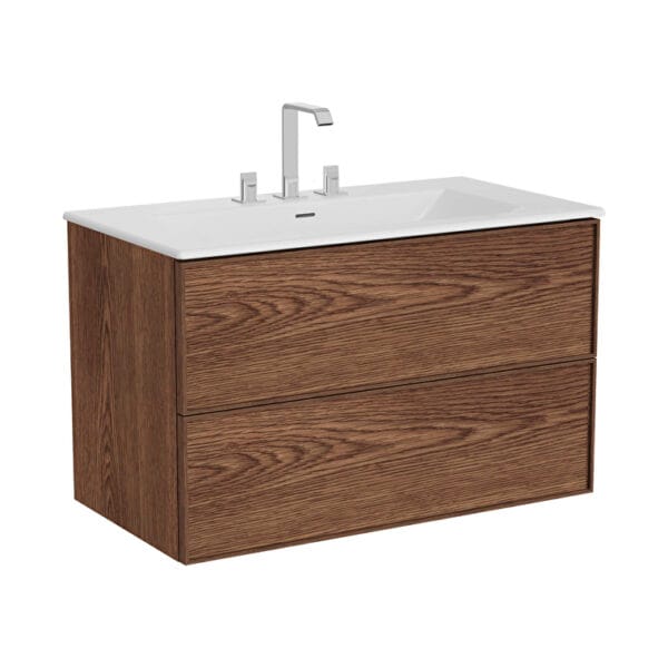 VitrA Metropole Edge Lavabo Dolabı, 100 cm, İki Çekmeceli, Etajerli Lavabolu, Üç Armatür Delikli, Ceviz