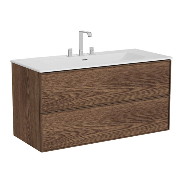 VitrA Metropole Edge Lavabo Dolabı, 120 cm, İki Çekmeceli, Etajerli Lavabolu, Üç Armatür Delikli, Ceviz