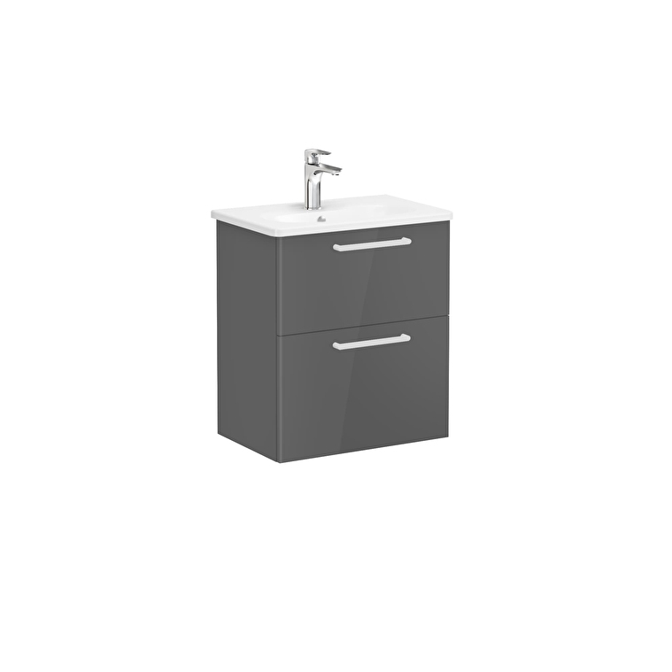 68102_02_736c993b07fe637a6988b37809fac0df5e693067-1.jpg VitrA Root Flat Lavabo Dolabı, 60 cm, İki Çekmeceli, Dar, Yuvarlak Lavabo, Parlak Antrasit - Görsel 1