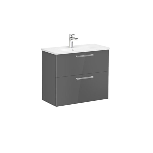 VitrA Root Flat Lavabo Dolabı, 80 cm, İki Çekmeceli, Dar, Yuvarlak Lavabo, Parlak Antrasit
