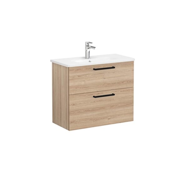 VitrA Root Flat Lavabo Dolabı, 80 cm, İki Çekmeceli, Dar, Yuvarlak Lavabo, Doğal Meşe