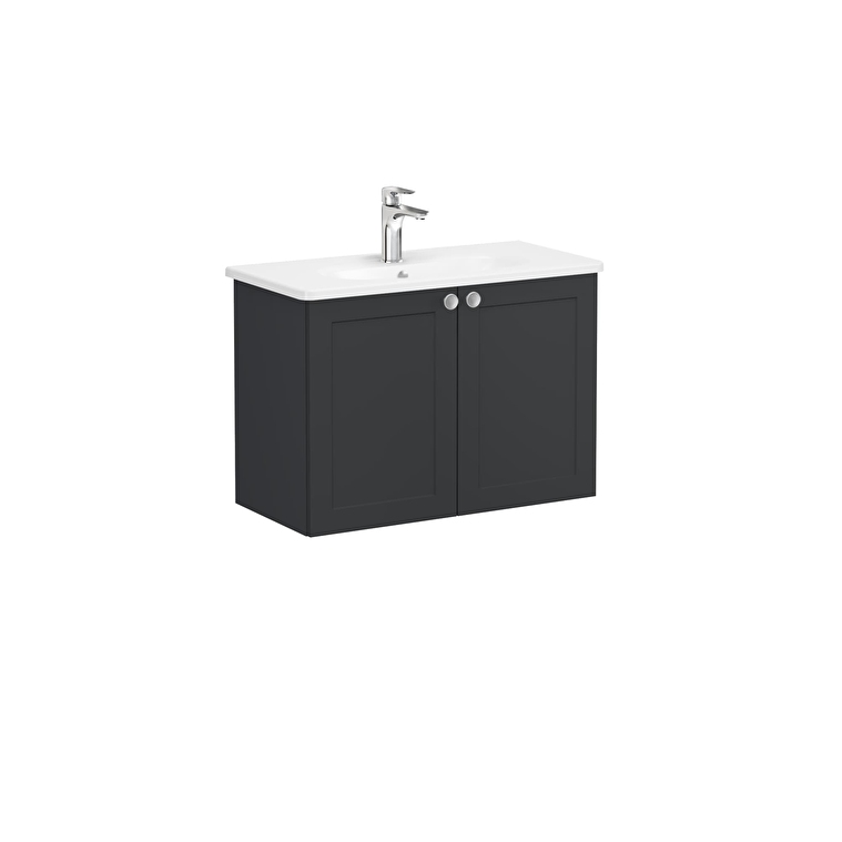 68656_01_ab6a10324a1172fa15e522766ab1dd97ba6ac8cb-1.jpg VitrA Root Classic Lavabo Dolabı, 80 cm, İki Kapaklı, Dar, Yuvarlak Lavabo, Mat Grafit - Görsel 1
