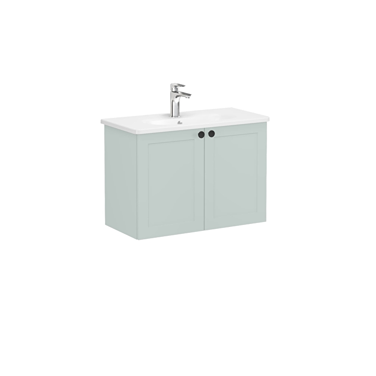 68658-1.jpg VitrA Root Classic Lavabo Dolabı, 80 cm, İki Kapaklı, Dar, Yuvarlak Lavabo, Mat Retro Yeşil - Görsel 1