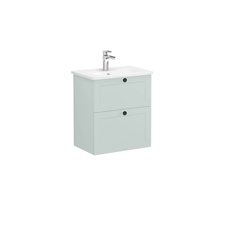 68672-1.jpg VitrA Root Classic Lavabo Dolabı, 60 cm, İki Çekmeceli, Dar, Yuvarlak Lavabo, Mat Retro Yeşil - Görsel 1