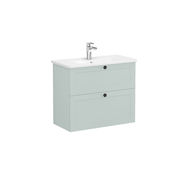 68686-1.jpg VitrA Root Classic Lavabo Dolabı, 80 cm, İki Çekmeceli, Dar, Yuvarlak Lavabo, Mat Retro Yeşil - Görsel 1